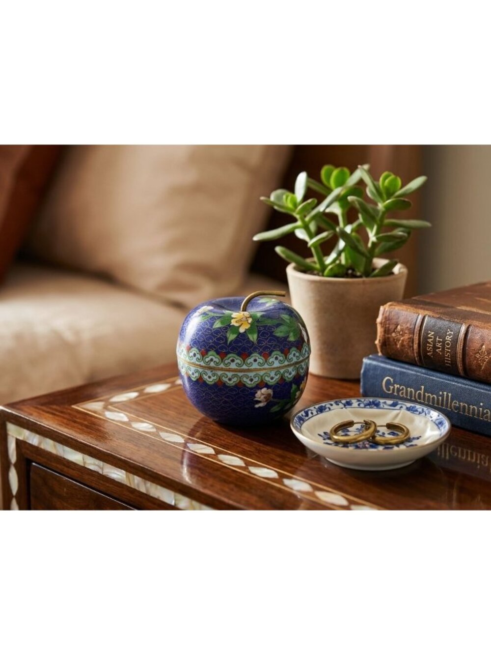 Vintage Chinese Cloisonné Enamel Blue Floral Apple Trinket Ring Box
